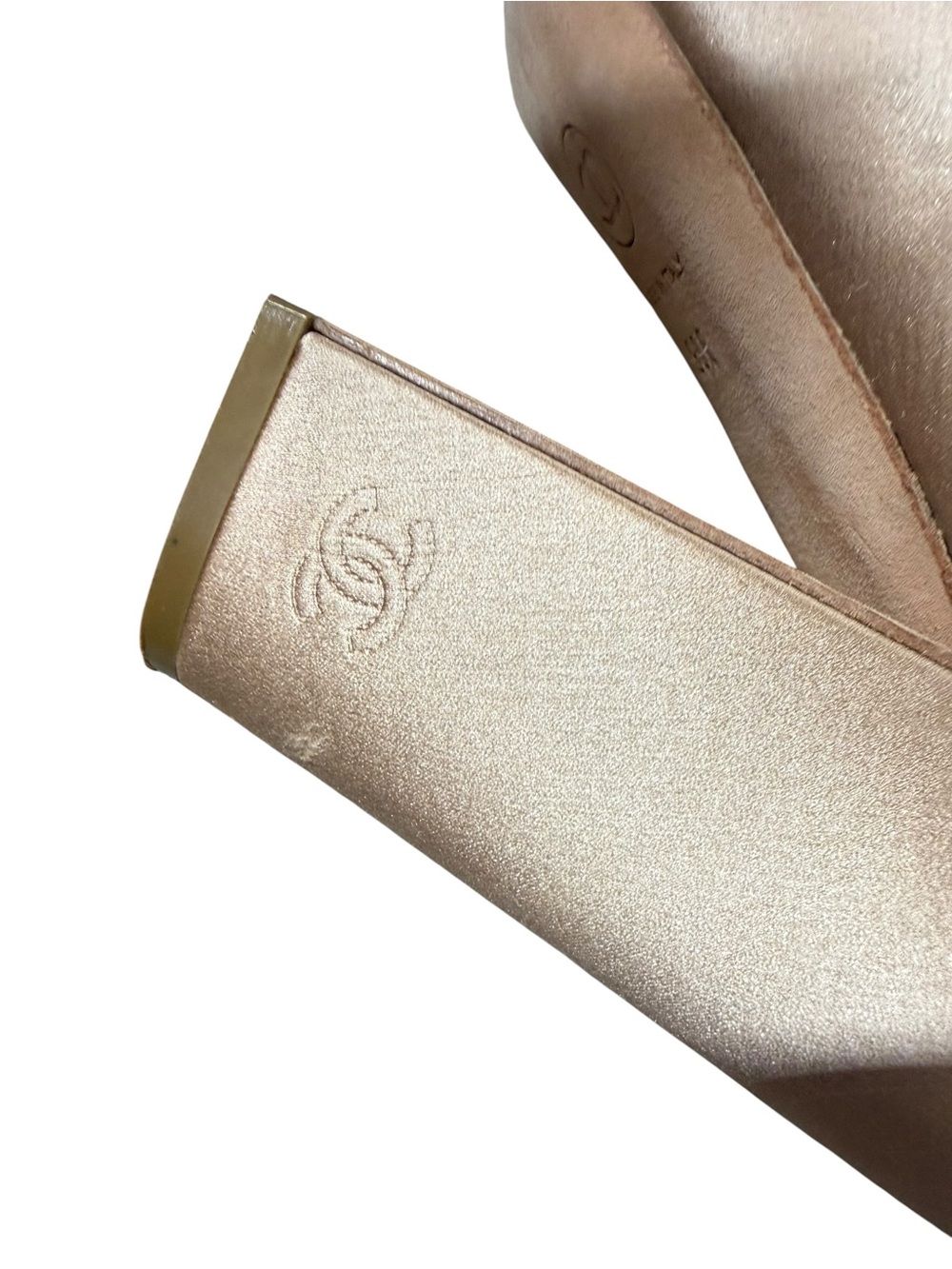 CHANEL 09A Satin Cap Toe Block Heel Pumps Nude Black CC Logo Size 39C - Picture 8 of 13